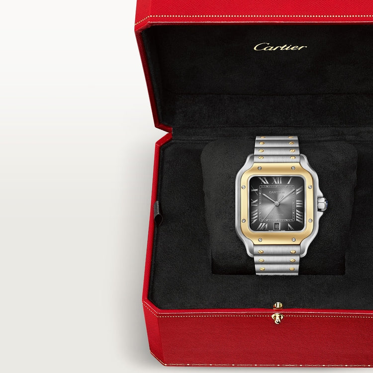 Santos de Cartier Large 39.8mm Steel Yellow Gold Blue Crown Anthracite Gray Dial Steel Bracelet Automatic Watch