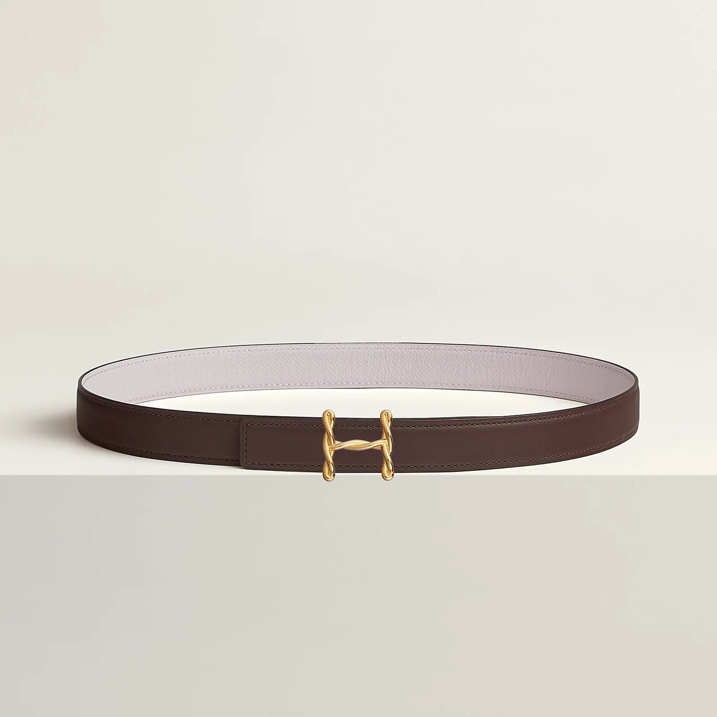 NOIR / GOLD- HAVANE / MAUVE PÂLE H TORSADE BELT BUCKLE & REVERSIBLE LEATHER STRAP 24 MM