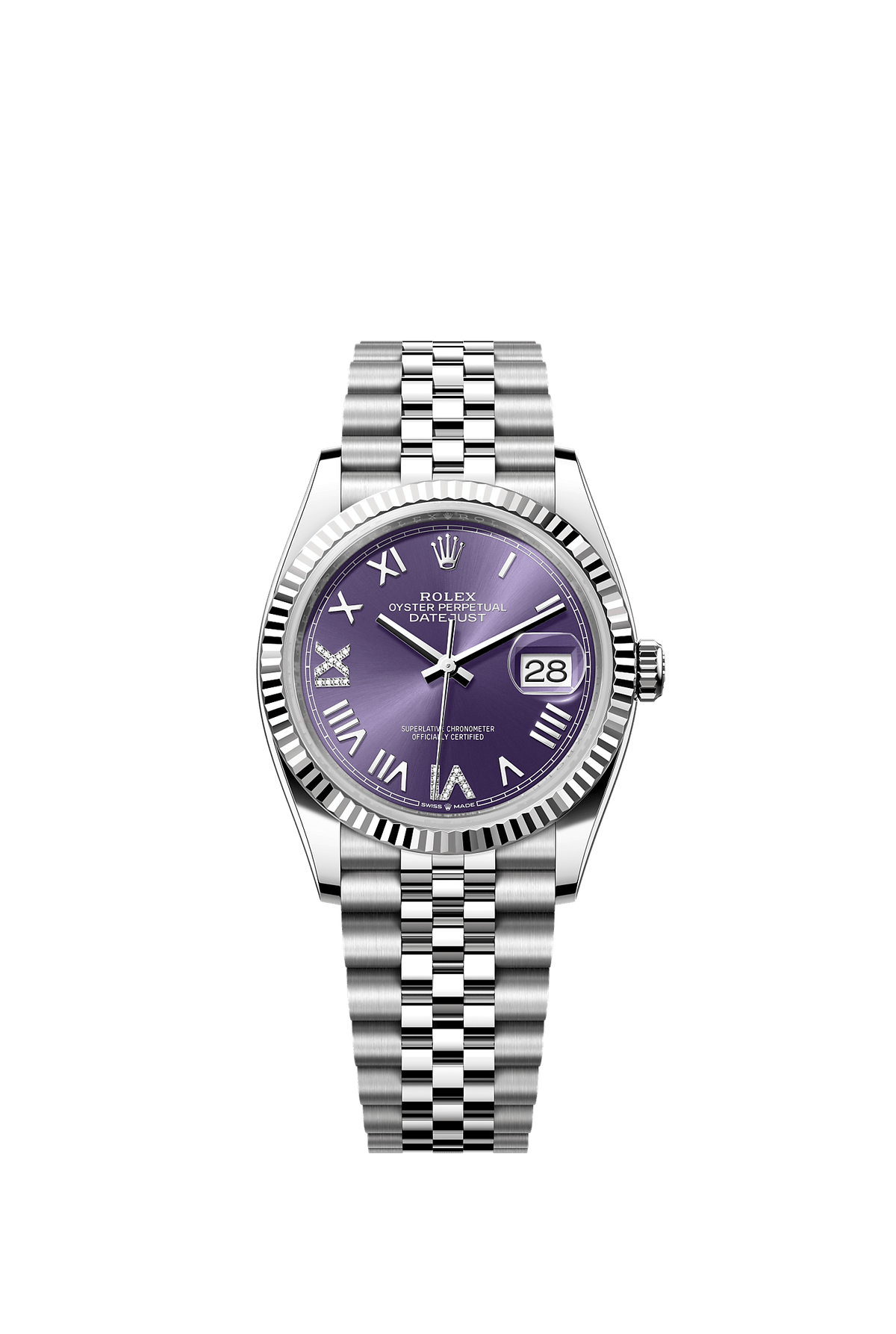 Datejust 36 36mm Oystersteel White Gold Aubergine Diamond Dial Fluted Bezel Jubilee Bracelet Self-Winding Watch