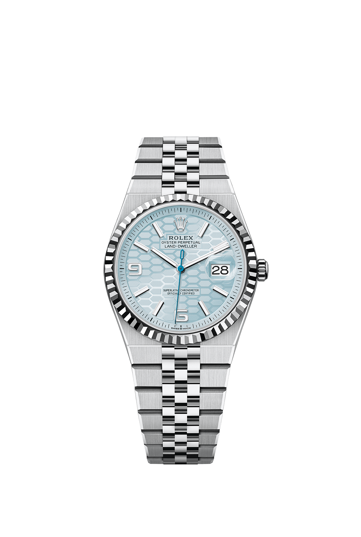 Land-Dweller 36 950 Platinum Ice Blue Dial Honeycomb Motif Flat Jubilee Bracelet 36mm Self-Winding Watch
