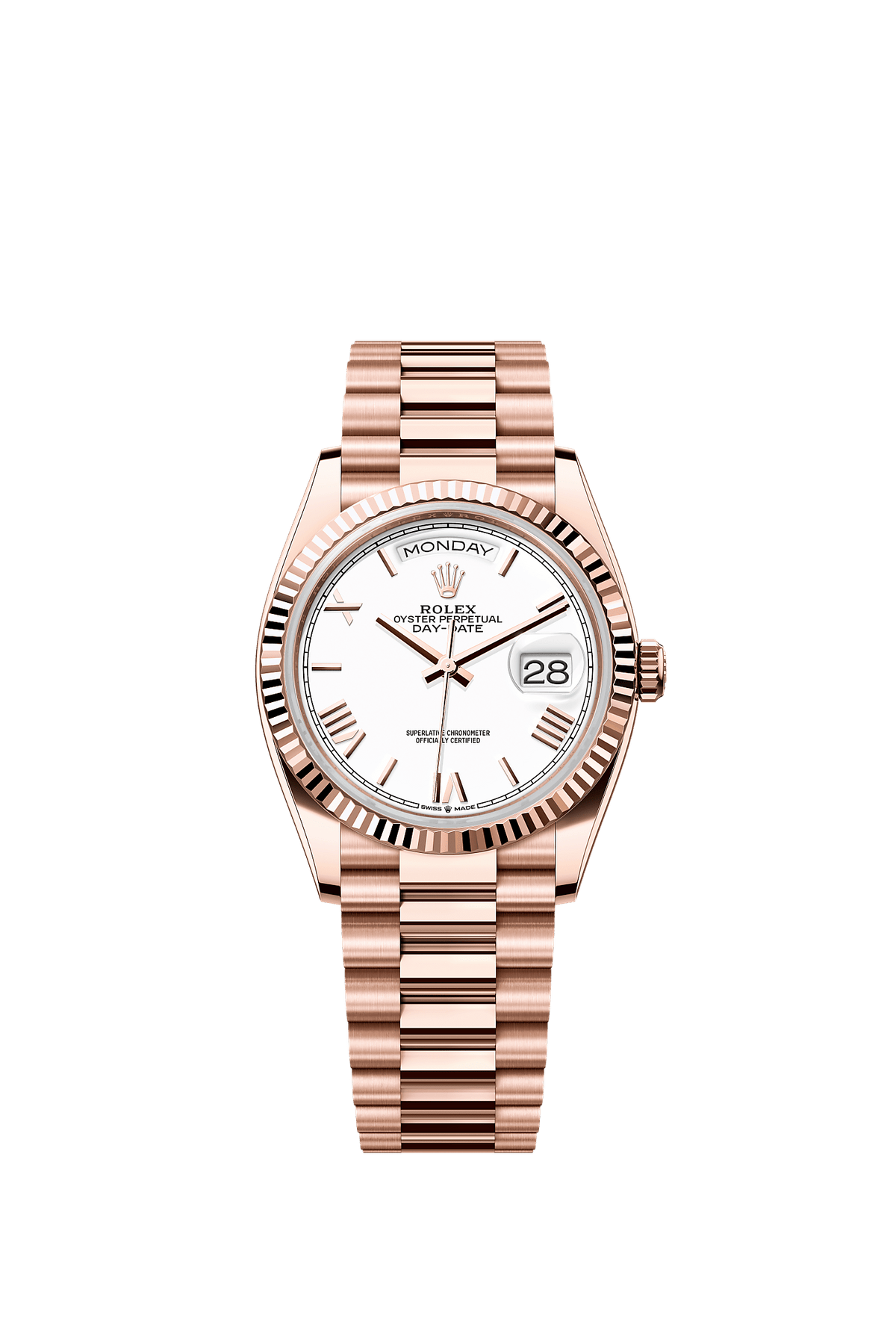 Day-Date 36 Oyster Perpetual Chronometer Watch 36mm 18ct Everose Gold White Lacquer Dial President Bracelet