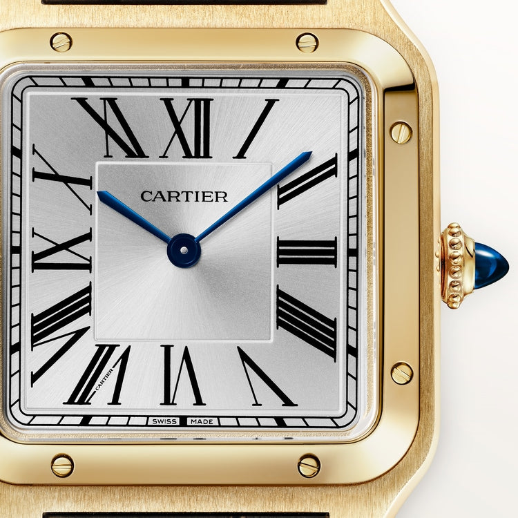 Santos-Dumont Large 43.5mm x 31.4mm Yellow Gold Silvered Satin-Finish Dial Navy Blue Alligator Strap Manual-Winding Watch