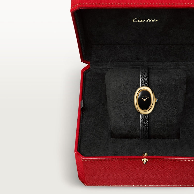 Baignoire Mini 18K Yellow Gold Black Lacquered Dial Leather Strap Watch