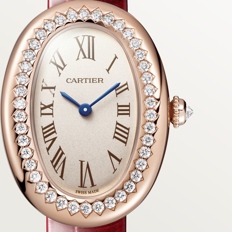 Baignoire Mini 18K Rose Gold Diamond Silvered Dial Red Alligator Strap Watch