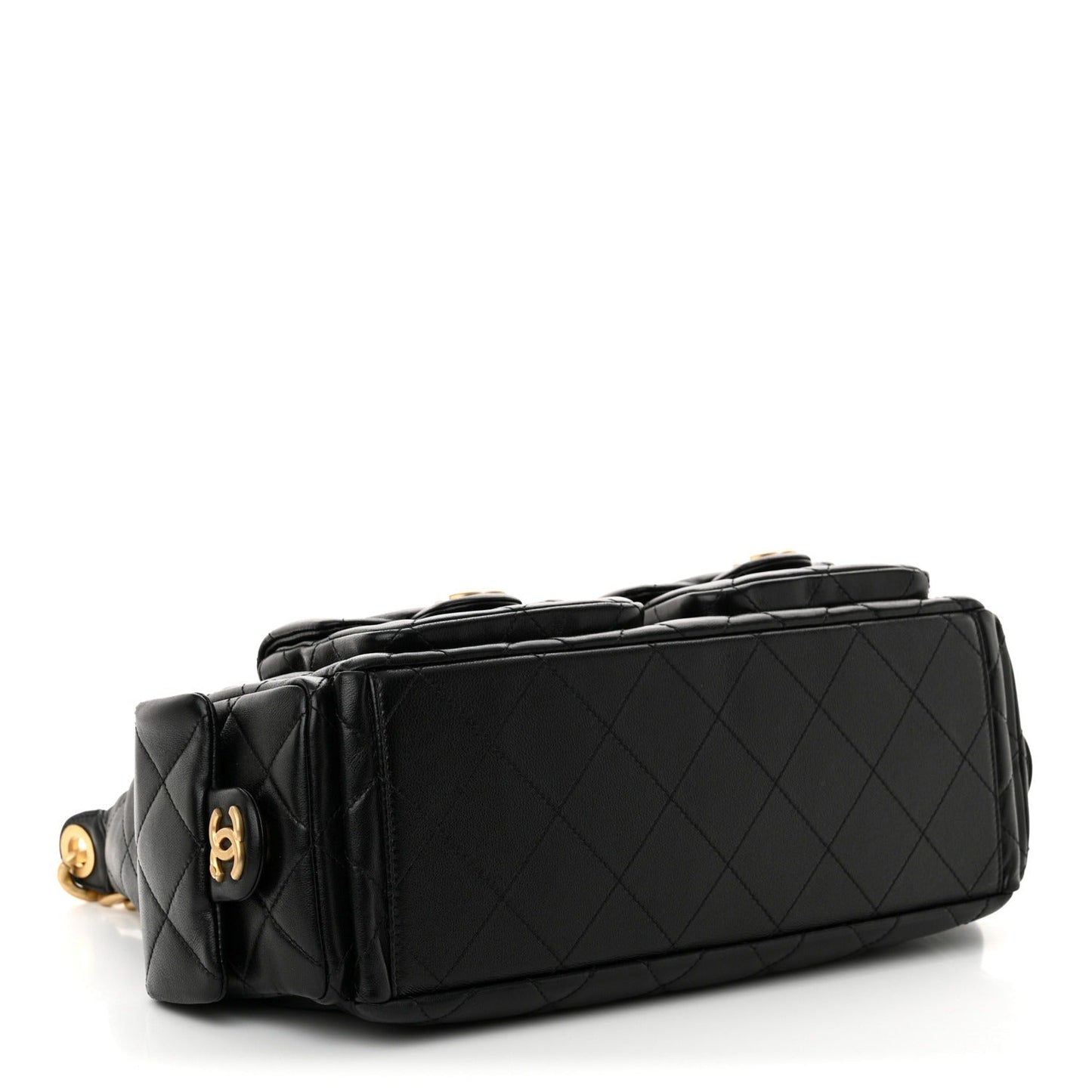 Shiny Lambskin Quilted Trendy Pockets Hobo Black