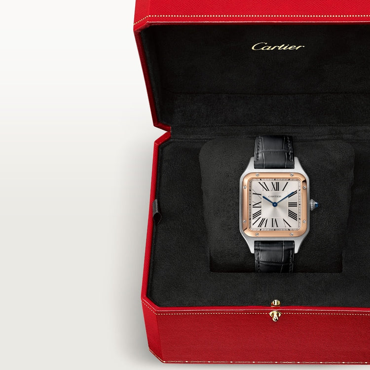 Santos-Dumont Large 43.5mm x 31.4mm Rose Gold Steel Blue Crown Silver Sunray Dial Alligator Leather Strap Quartz Watch