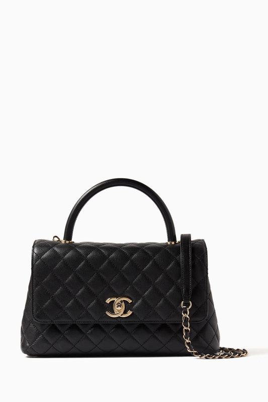 Chanel Coco Black Quilted Caviar Leather Top Handle Bag Small size 01
