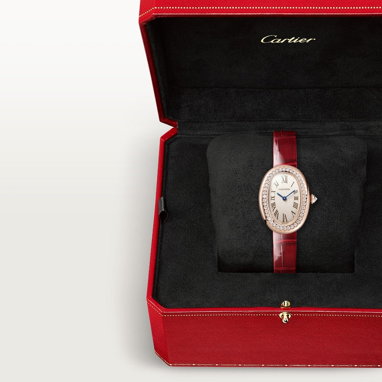 Baignoire Mini 18K Rose Gold Diamond Silvered Dial Red Alligator Strap Watch