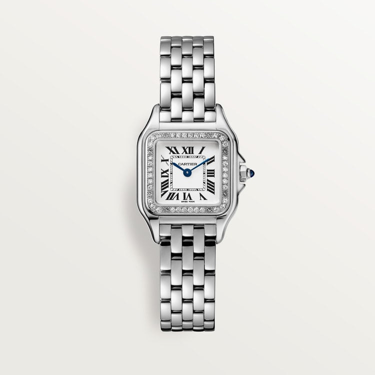 Panthère de Cartier Small 23mm x 30mm Steel Diamond Bezel Blue Crown Silver Dial Steel Bracelet Quartz Watch