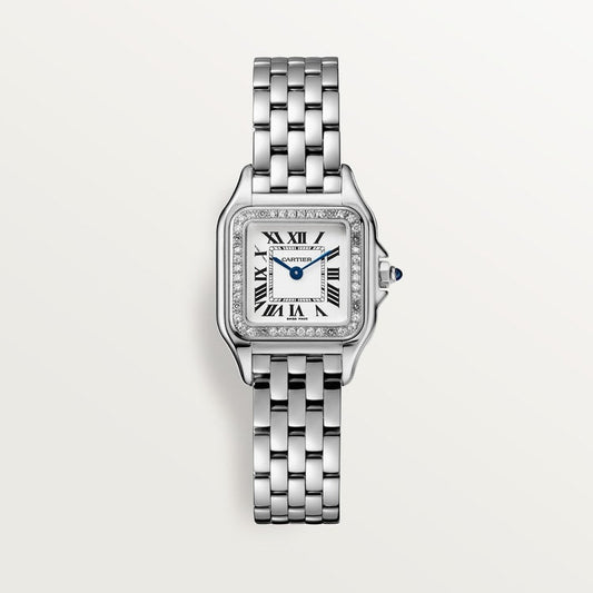 Panthère de Cartier Small 23mm x 30mm Steel Diamond Bezel Blue Crown Silver Dial Steel Bracelet Quartz Watch