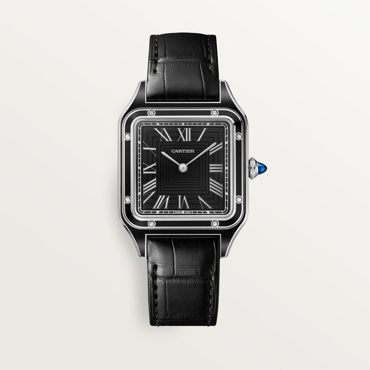 Santos-Dumont Large 43.5mm x 31.4mm Steel Blue Crown Black Lacquer Dial Alligator Leather Strap Manual Watch