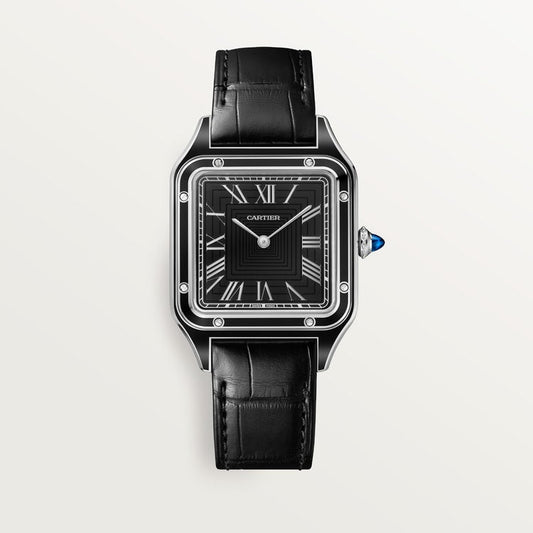 Santos-Dumont Large 43.5mm x 31.4mm Steel Blue Crown Black Lacquer Dial Alligator Leather Strap Manual Watch