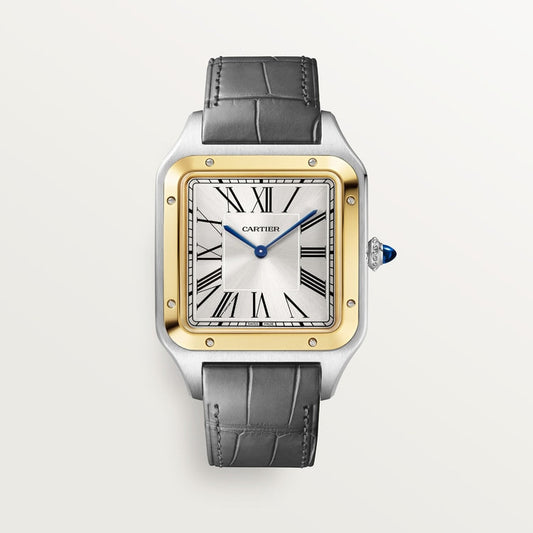 Santos-Dumont Extra-Large 46.6mm x 33.9mm Steel Yellow Gold Silvered Satin-Finish Dial Anthracite Gray Alligator Strap Self-Winding Watch