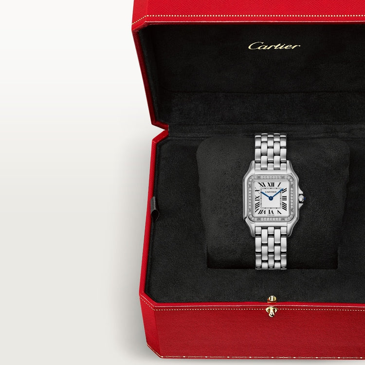 Panthère de Cartier Medium 36.5mm x 26.7mm Steel Diamond Bezel Blue Crown Silver Dial Steel Bracelet Quartz Watch