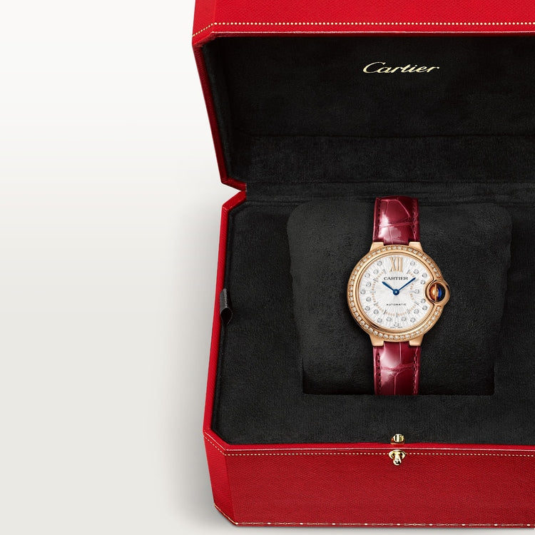 Ballon Bleu 33mm Rose Gold Diamond Case Silver Guilloché Dial Alligator Strap Automatic Watch