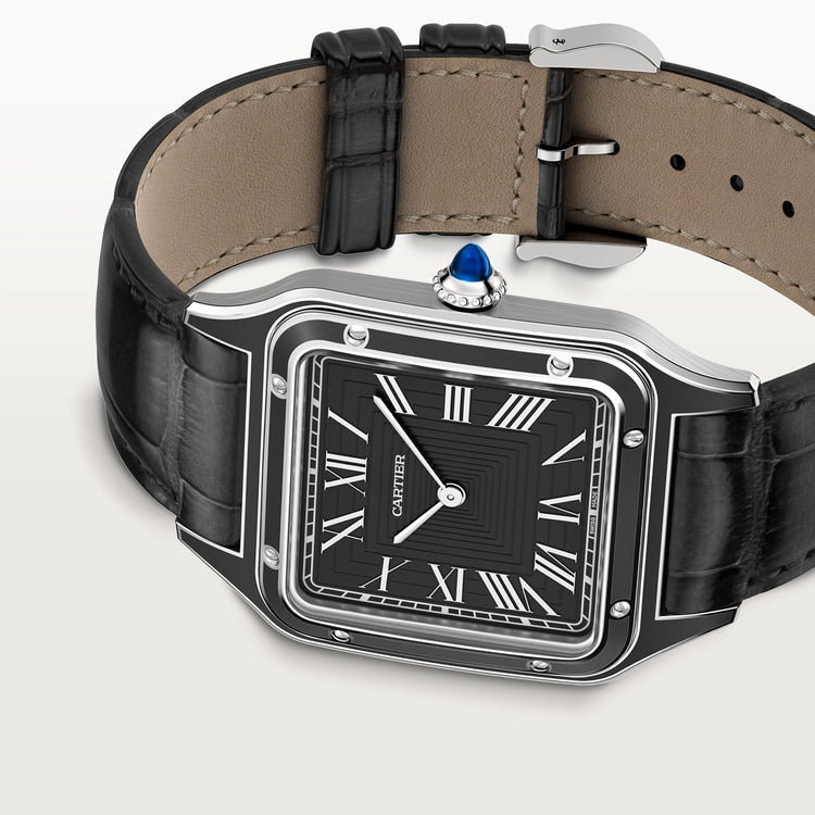 Santos-Dumont Large 43.5mm x 31.4mm Steel Blue Crown Black Lacquer Dial Alligator Leather Strap Manual Watch
