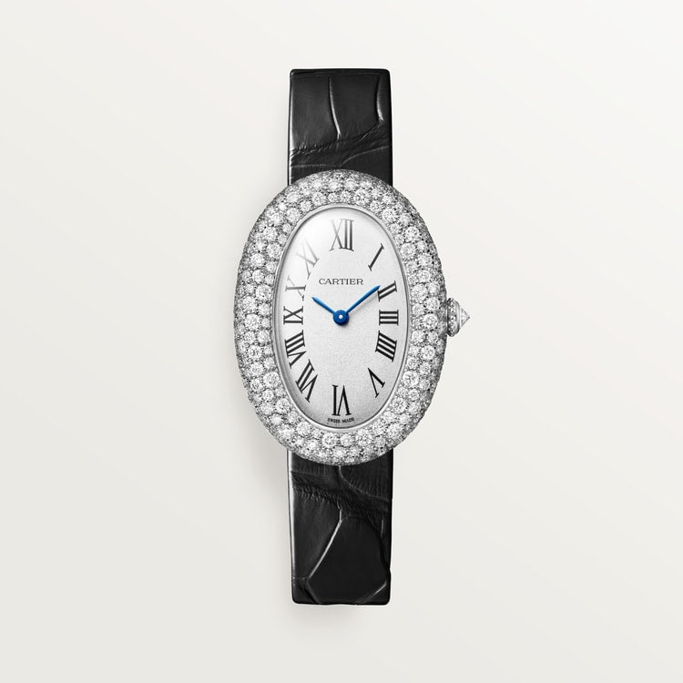 Baignoire Mini 18K White Gold Diamond Silvered Dial Navy Blue Alligator Strap Watch