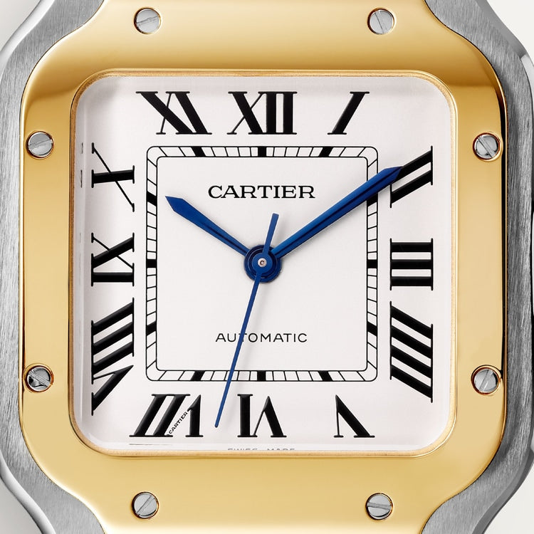 Santos de Cartier Medium 35.1mm Steel Yellow Gold Bezel Silvered Opaline Dial Steel Bracelet Self-Winding Watch