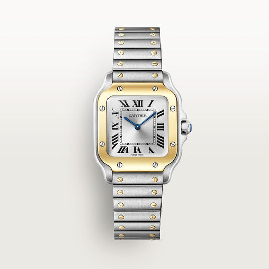 Santos de Cartier Small 34.5mm x 27mm Gold Steel Blue Crown Silver Sunray Dial Steel Bracelet Quartz Watch