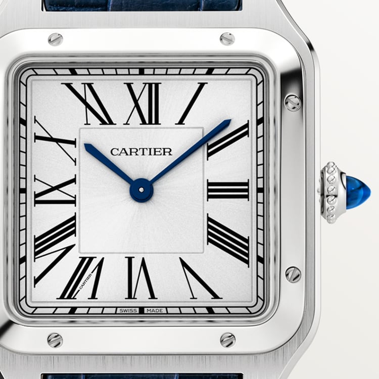 Santos-Dumont Large 43.5mm x 31.4mm Steel Silvered Satin-Finish Dial Navy Blue Alligator Strap Quartz Watch
