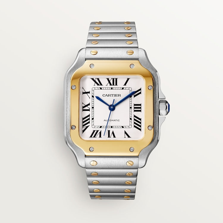 Santos de Cartier Medium 35.1mm Steel Yellow Gold Bezel Silvered Opaline Dial Steel Bracelet Self-Winding Watch