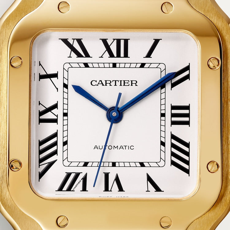 Santos de Cartier Medium 35.1mm Yellow Gold Blue Crown Silvered Opaline Dial Yellow Gold Bracelet Self-Winding Watch