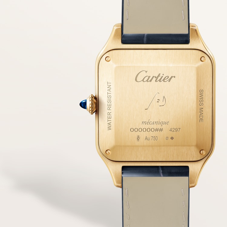 Santos-Dumont Large 43.5mm x 31.4mm Yellow Gold Silvered Satin-Finish Dial Navy Blue Alligator Strap Manual-Winding Watch