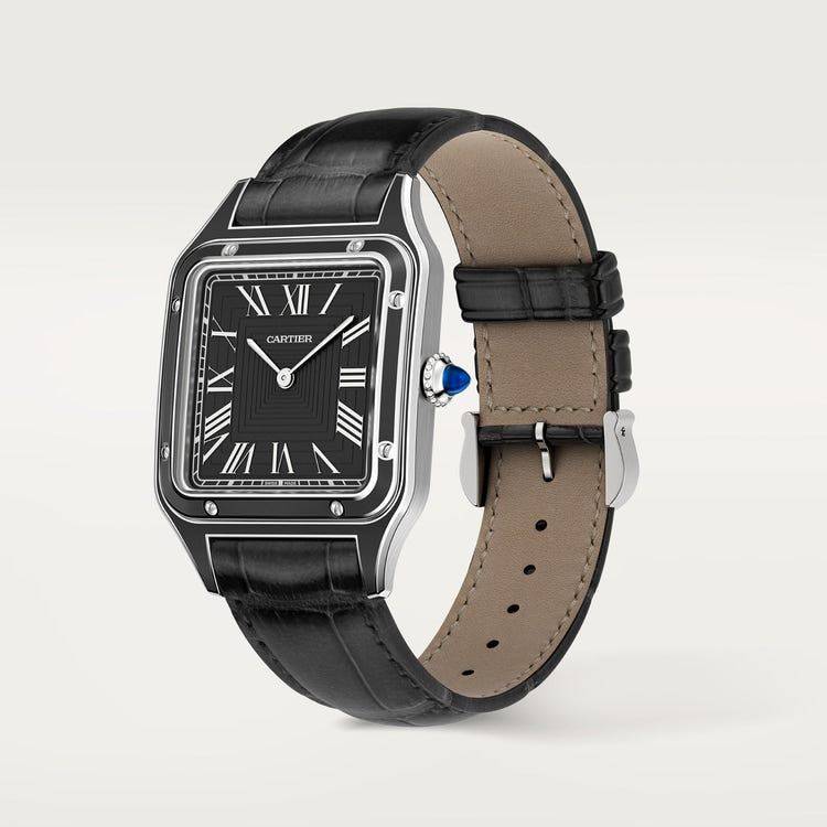 Santos-Dumont Large 43.5mm x 31.4mm Steel Blue Crown Black Lacquer Dial Alligator Leather Strap Manual Watch