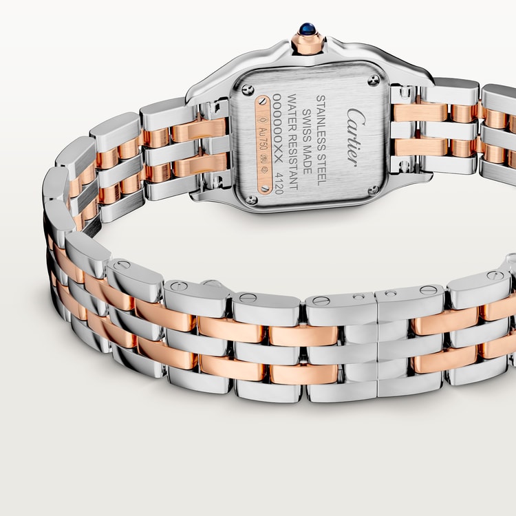 Panthère de Cartier Small 22mm x 30mm Rose Gold Steel Diamond Bezel Blue Crown Silver Dial Rose Gold Steel Bracelet Quartz Watch