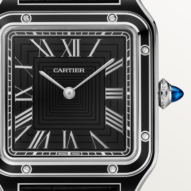 Santos-Dumont Large 43.5mm x 31.4mm Steel Blue Crown Black Lacquer Dial Alligator Leather Strap Manual Watch
