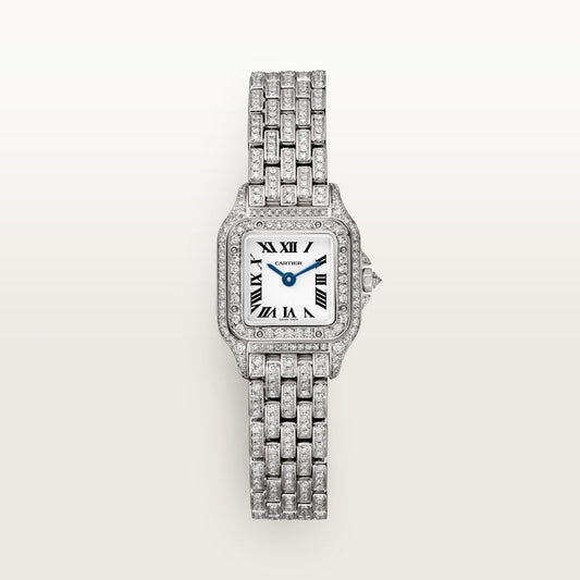 Panthère Mini 25.1mm x 18.5mm White Gold Diamond Bezel Diamond Crown Silvered Dial White Gold Bracelet Quartz Watch