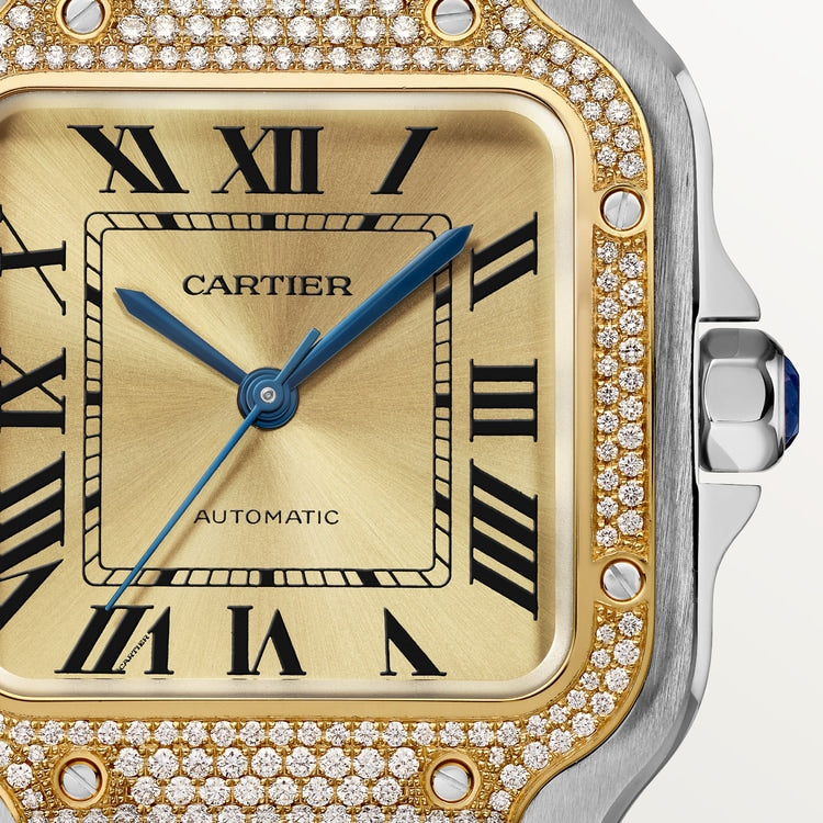 Santos de Cartier Medium 35.1mm Steel Yellow Gold Bezel Diamond-Set Golden Sunray Dial Steel Bracelet Self-Winding Watch