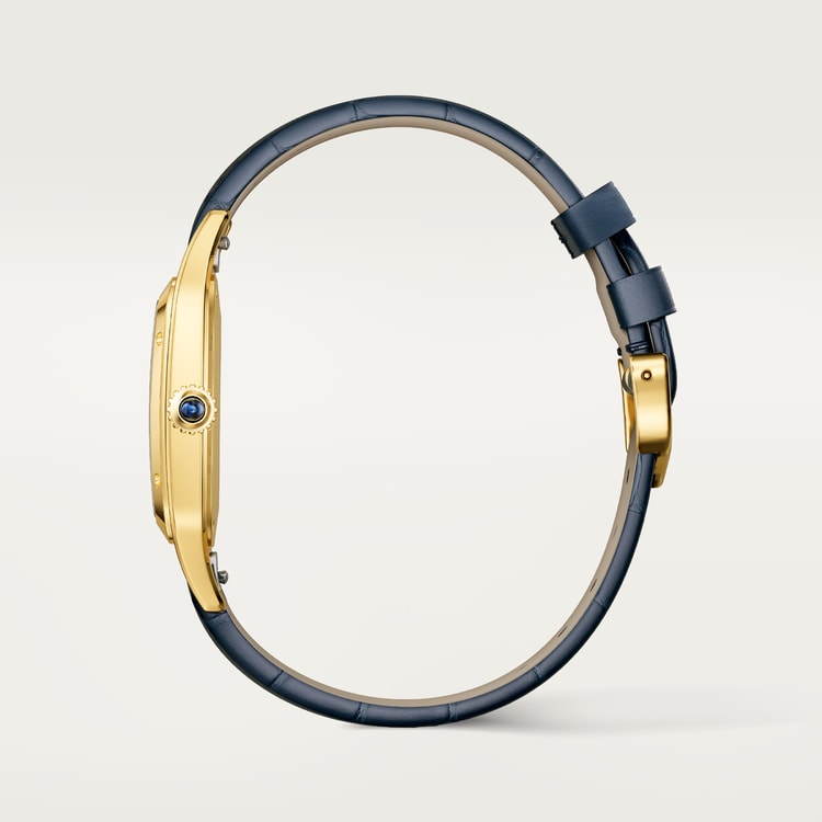 Santos-Dumont Large 43.5mm x 31.4mm Yellow Gold Silvered Satin-Finish Dial Navy Blue Alligator Strap Manual-Winding Watch