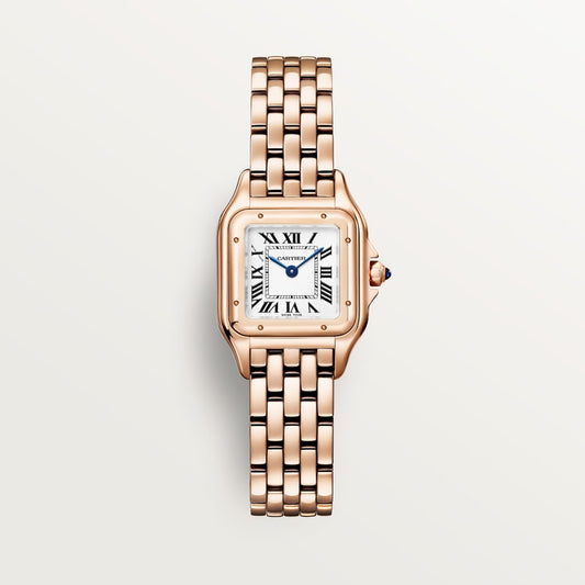 Panthère Small 23mm x 30mm Rose Gold Blue Crown Silvered Dial Rose Gold Bracelet Quartz Watch