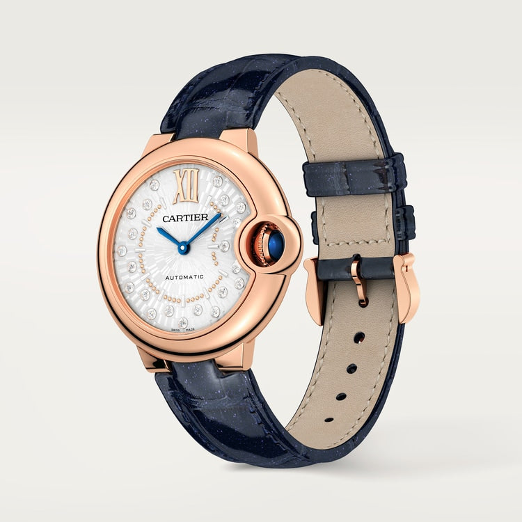 Ballon Bleu 33mm Rose Gold Diamond Dial Blue Alligator Strap Automatic Watch