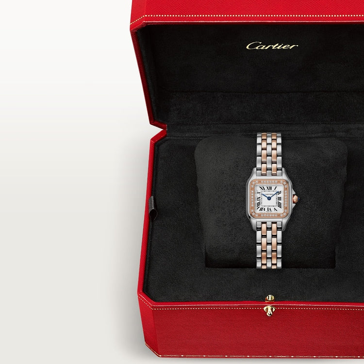 Panthère de Cartier Small 22mm x 30mm Rose Gold Steel Diamond Bezel Blue Crown Silver Dial Rose Gold Steel Bracelet Quartz Watch
