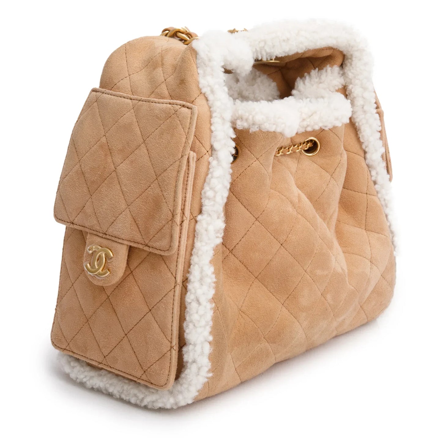 Chanel Brown Suede Quilted Shearling Small 25 Handbag w/ Box 01