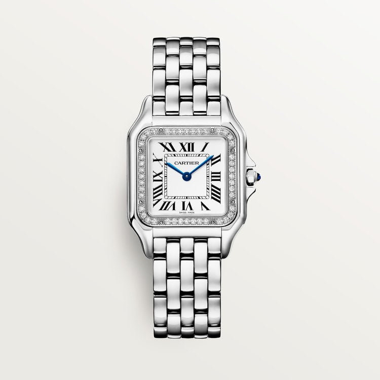 Panthère de Cartier Medium 36.5mm x 26.7mm Steel Diamond Bezel Blue Crown Silver Dial Steel Bracelet Quartz Watch