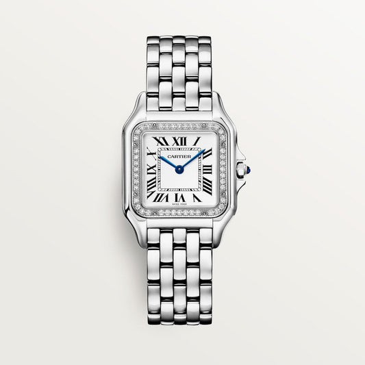 Panthère de Cartier Medium 36.5mm x 26.7mm Steel Diamond Bezel Blue Crown Silver Dial Steel Bracelet Quartz Watch