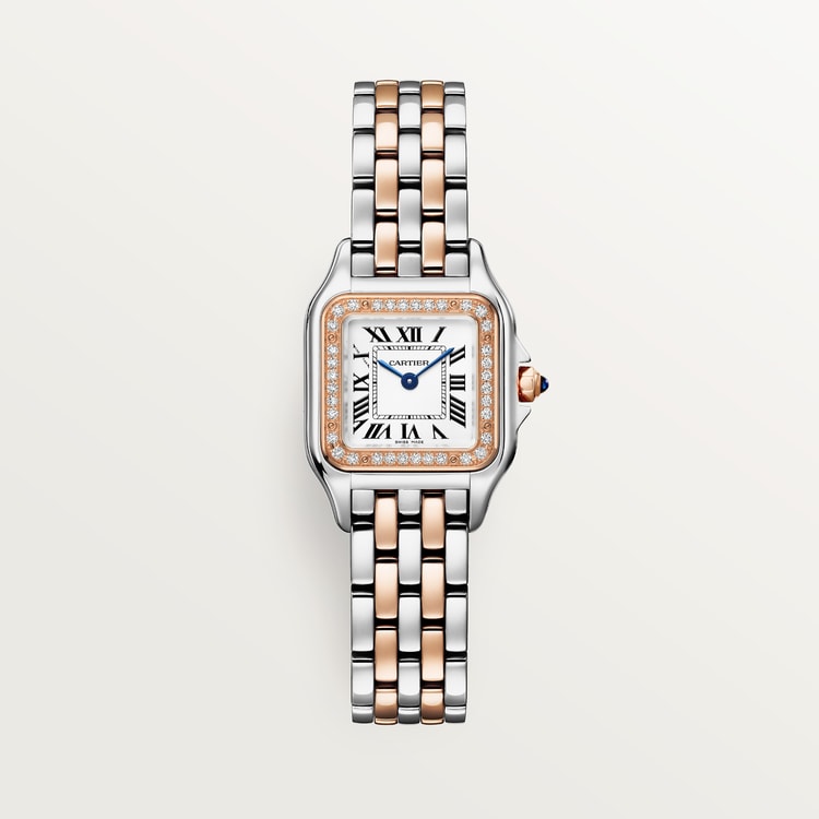 Panthère de Cartier Small 22mm x 30mm Rose Gold Steel Diamond Bezel Blue Crown Silver Dial Rose Gold Steel Bracelet Quartz Watch