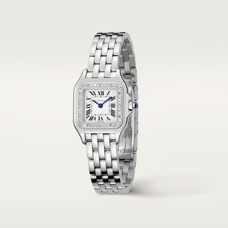 Panthère de Cartier Small 23mm x 30mm Steel Diamond Bezel Blue Crown Silver Dial Steel Bracelet Quartz Watch