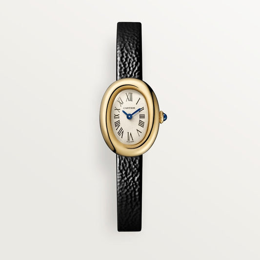 Baignoire Mini 18K Yellow Gold Silvered Dial Black Patent Leather Strap Watch