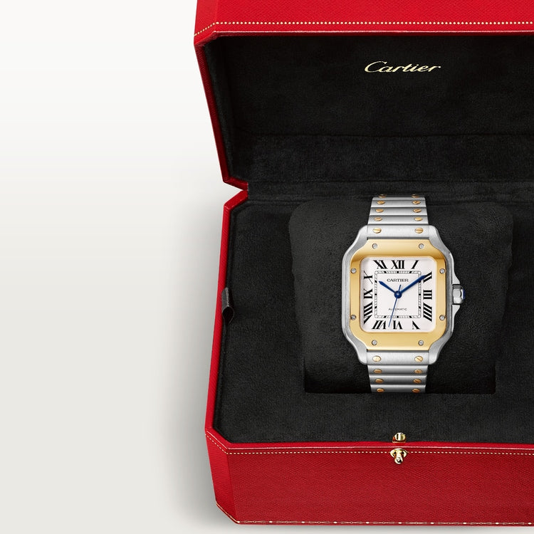 Santos de Cartier Medium 35.1mm Steel Yellow Gold Blue Crown Silvered Opaline Dial Steel Bracelet Automatic Watch