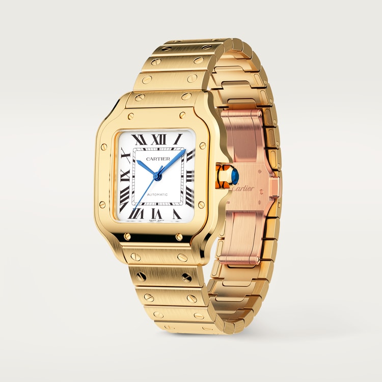 Santos de Cartier Medium 35.1mm Yellow Gold Blue Crown Silvered Opaline Dial Yellow Gold Bracelet Automatic Watch