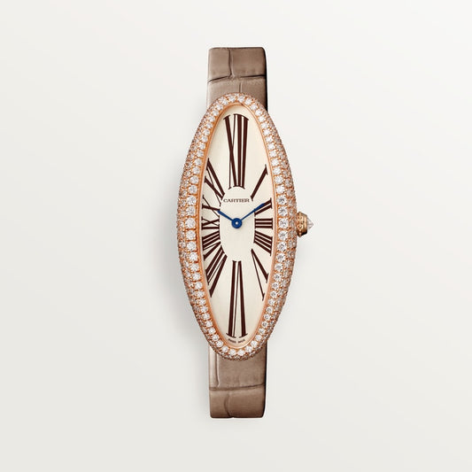 Baignoire Allongée 18K Rose Gold Diamond Silvered Dial Taupe Alligator Strap Watch