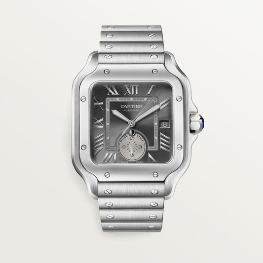 Santos de Cartier Dual Time Large 40.2mm Steel Blue Crown Anthracite Gray Dial Steel Bracelet Automatic Watch