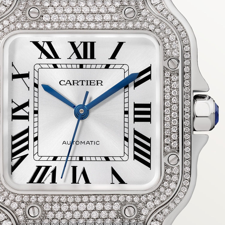 Santos de Cartier Medium 35.1mm White Gold Diamond Bezel Blue Crown Silver Sunray Dial Alligator Leather Strap Automatic Watch
