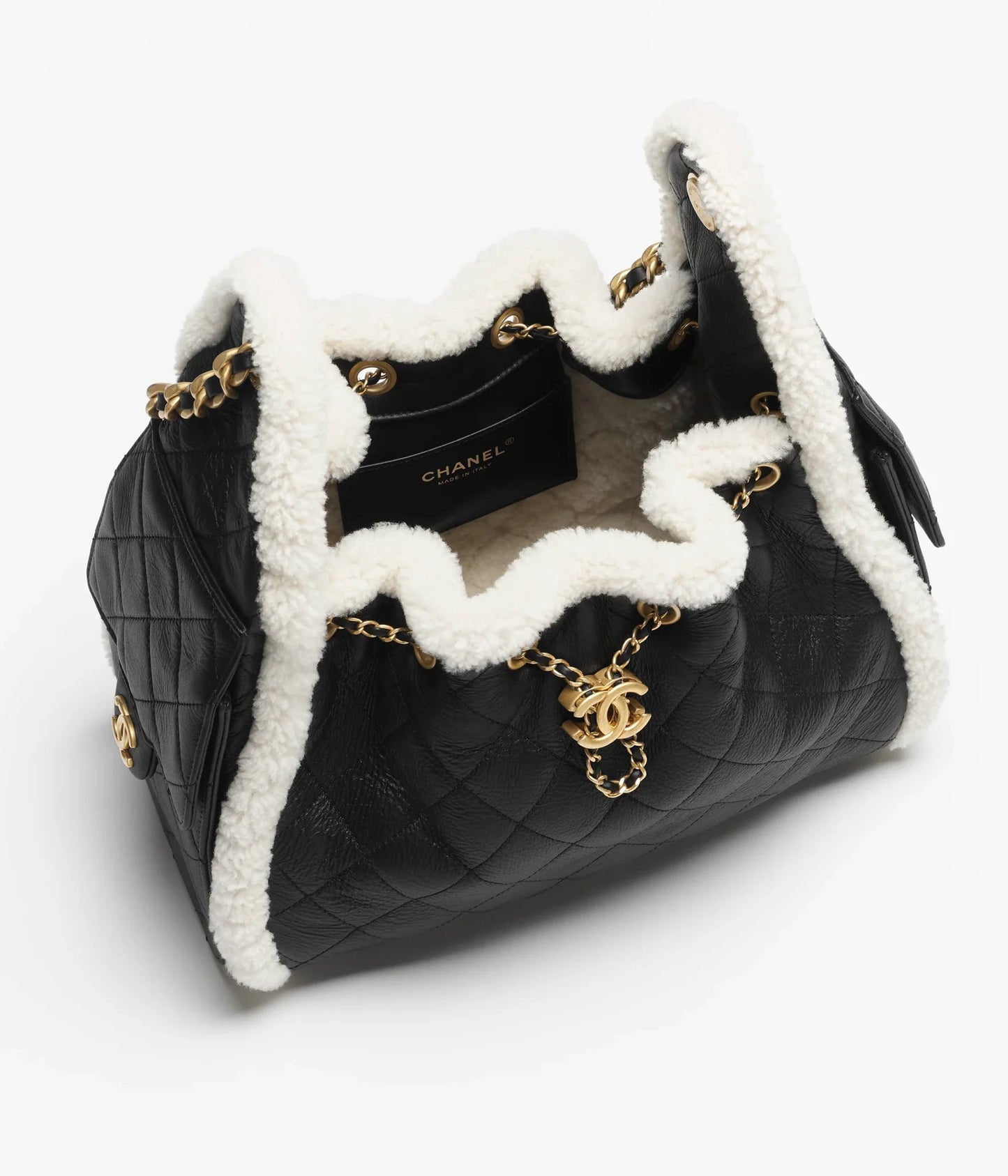 Chanel 25  Shearling Sheepskin & Gold-Tone Metal  Black & White 01