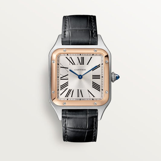 Santos-Dumont Large 43.5mm x 31.4mm Rose Gold Steel Blue Crown Silver Sunray Dial Alligator Leather Strap Quartz Watch