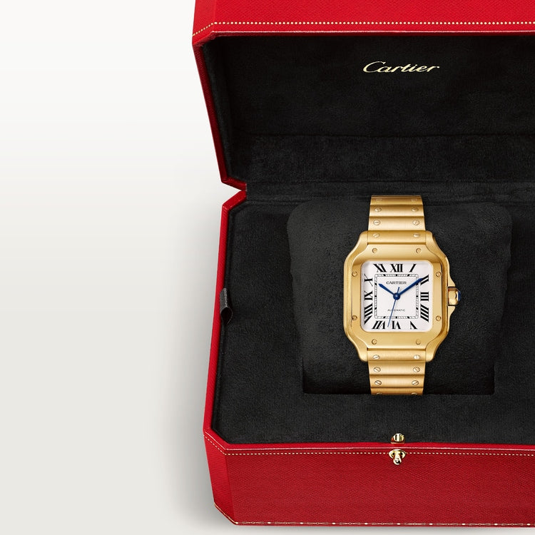 Santos de Cartier Medium 35.1mm Yellow Gold Blue Crown Silvered Opaline Dial Yellow Gold Bracelet Automatic Watch